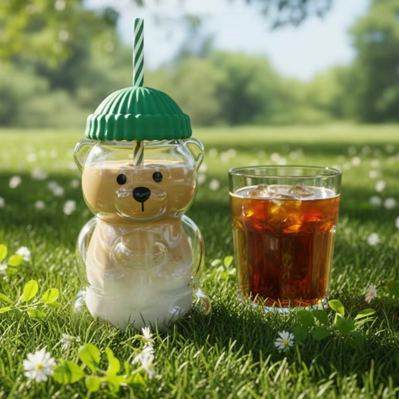 Premium Bear-Shaped Straw Cup – Aesthetic Glass/Plastic Mug for Coffee, Tea & Juices