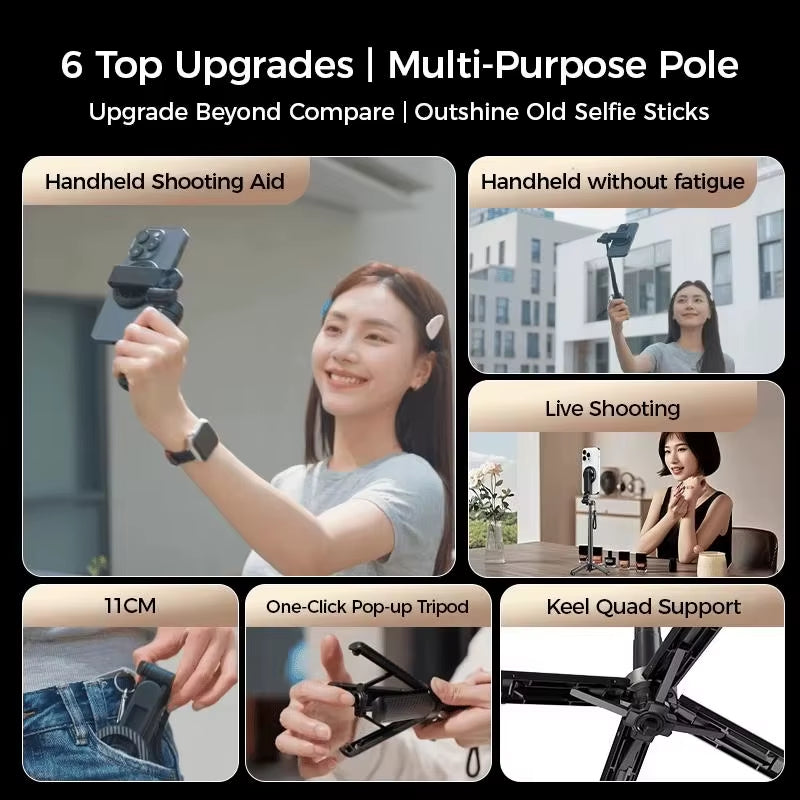 Multifunctional 4-in-1 Magnetic Mini Selfie Stick – 360° Rotating Tripod with Wireless Bluetooth Remote for Smartphones, Travel & Vlogging