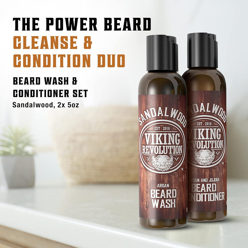 Premium Beard Care Set – Wash and Conditioner with Argan & Jojoba Oil, Softening & Strengthening, Sandalwood Fragrance