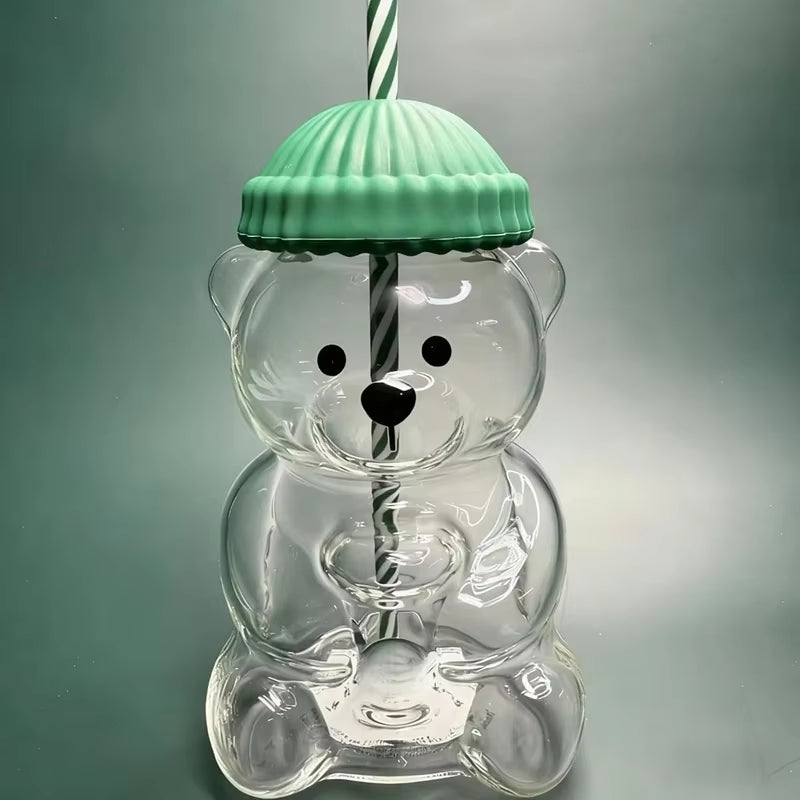 Premium Bear-Shaped Straw Cup – Aesthetic Glass/Plastic Mug for Coffee, Tea & Juices