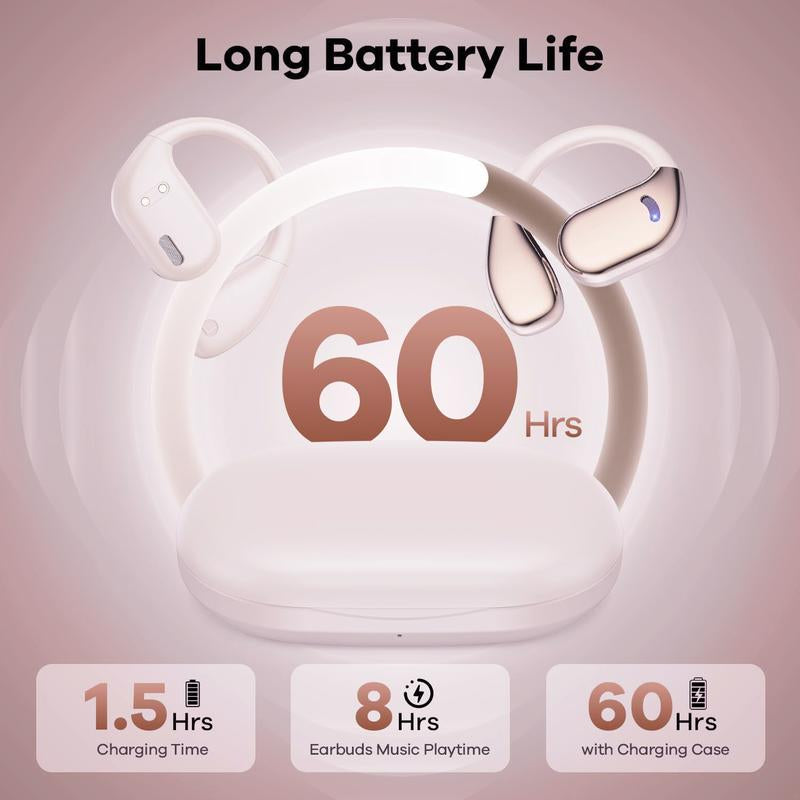 Black Friday Exclusive Open-Ear Bluetooth 5.4 Wireless Headphones with LED Battery Display, 60H Playtime, Clear-Call Mic, IPX5 Waterproof Sport Design, Lightweight Silicone Open-Earbuds – Pink Gift Edition