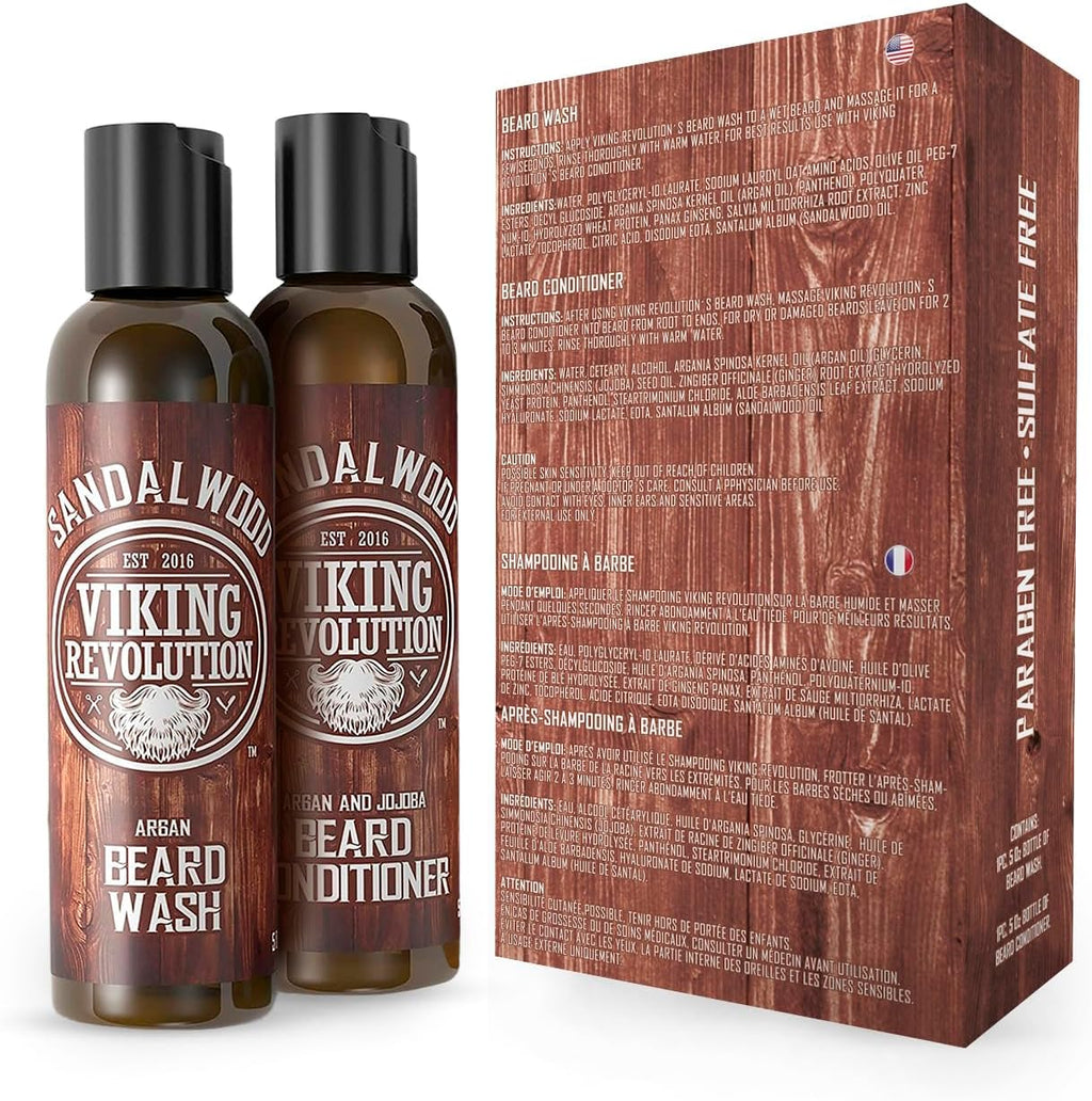 Premium Beard Care Set – Wash and Conditioner with Argan & Jojoba Oil, Softening & Strengthening, Sandalwood Fragrance