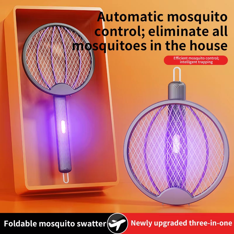 Foldable 3-in-1 Electric Mosquito Swatter, Rechargeable Bug Zapper & Wall-Mounted Lamp – Portable Indoor/Outdoor Pest Control