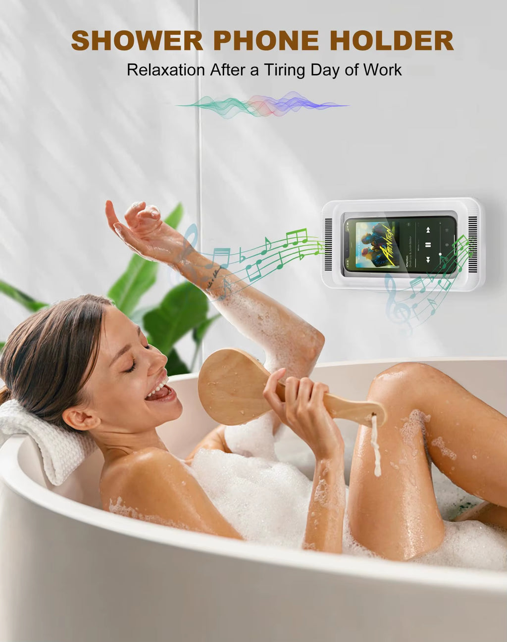 Shower Phone Holder with Built-In Speaker – Waterproof, Anti-Fog 480° Rotating Wall Mount for 4–7" Phones
