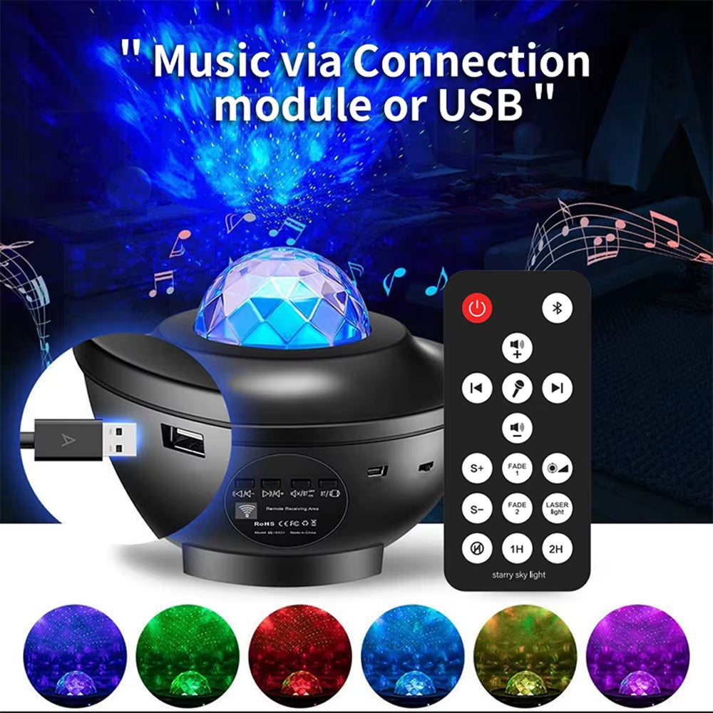 LED Starry Sky Projector with Bluetooth Music, Remote Control, Ocean Wave & Galaxy Light – Ambient Bedroom Decor and Gift