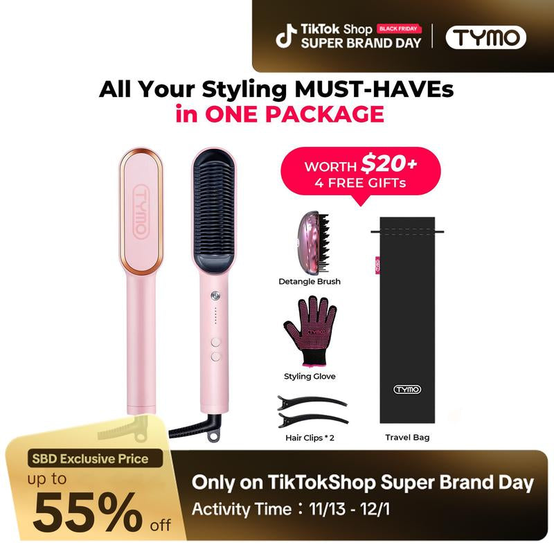TYMO Ring Pink 2-in-1 Straighten & Curl Styler – 5-Level Heat Control, Rapid Heating, Dual Voltage, Complete Styling Kit