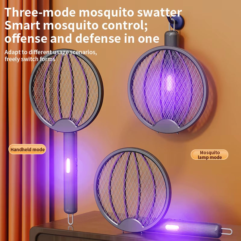 Foldable 3-in-1 Electric Mosquito Swatter, Rechargeable Bug Zapper & Wall-Mounted Lamp – Portable Indoor/Outdoor Pest Control