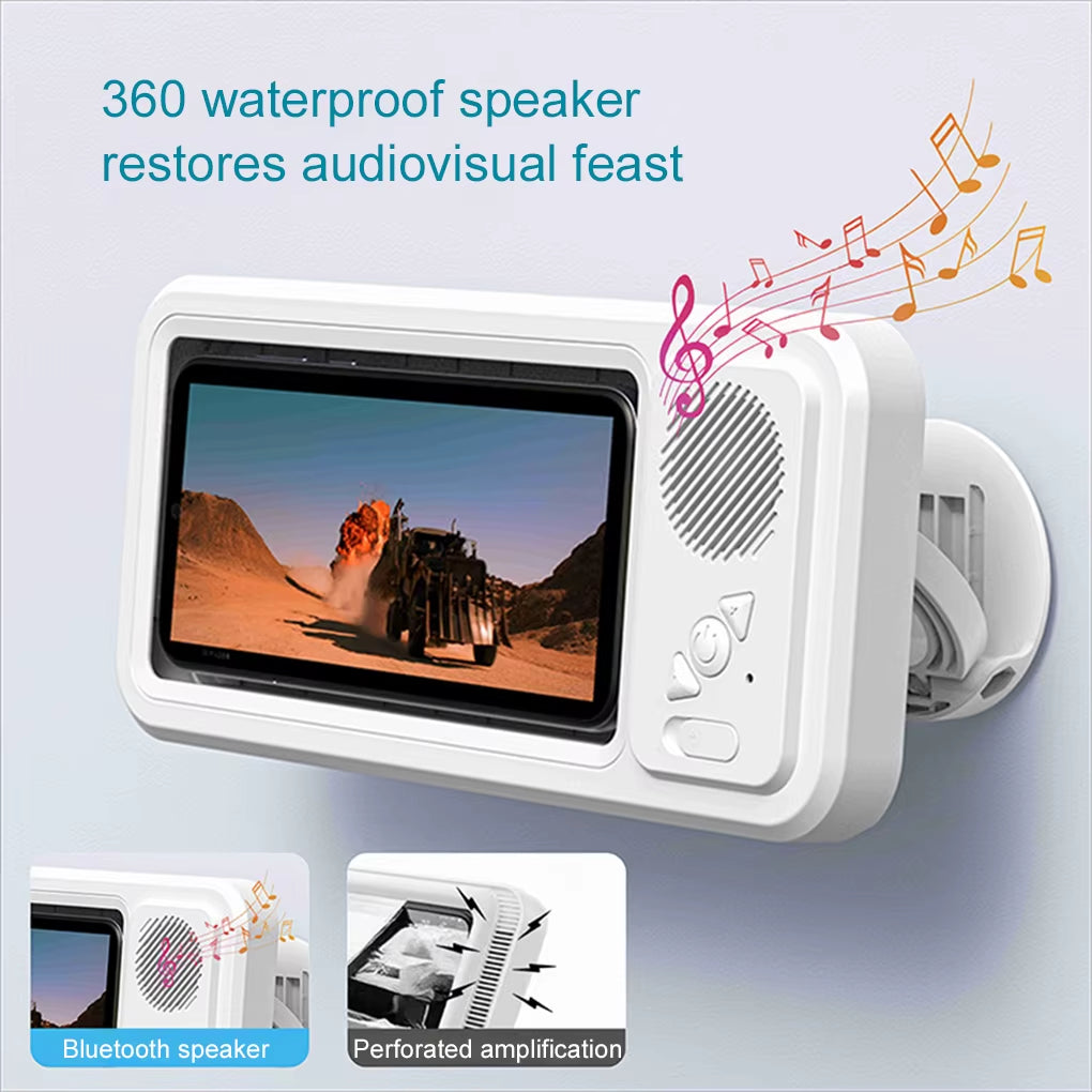 Waterproof Shower Phone Holder with Bluetooth Speaker – 360° Rotatable Wall Mount, Anti-Fog Design for 4–6.9" Smartphones, Hands-Free Entertainment