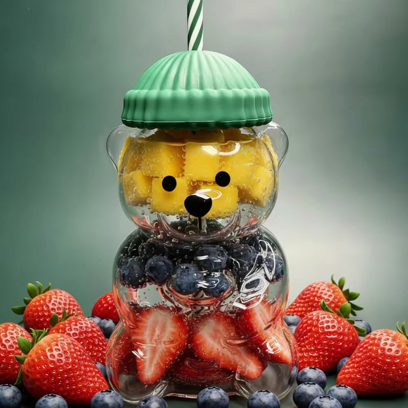 Premium Bear-Shaped Straw Cup – Aesthetic Glass/Plastic Mug for Coffee, Tea & Juices