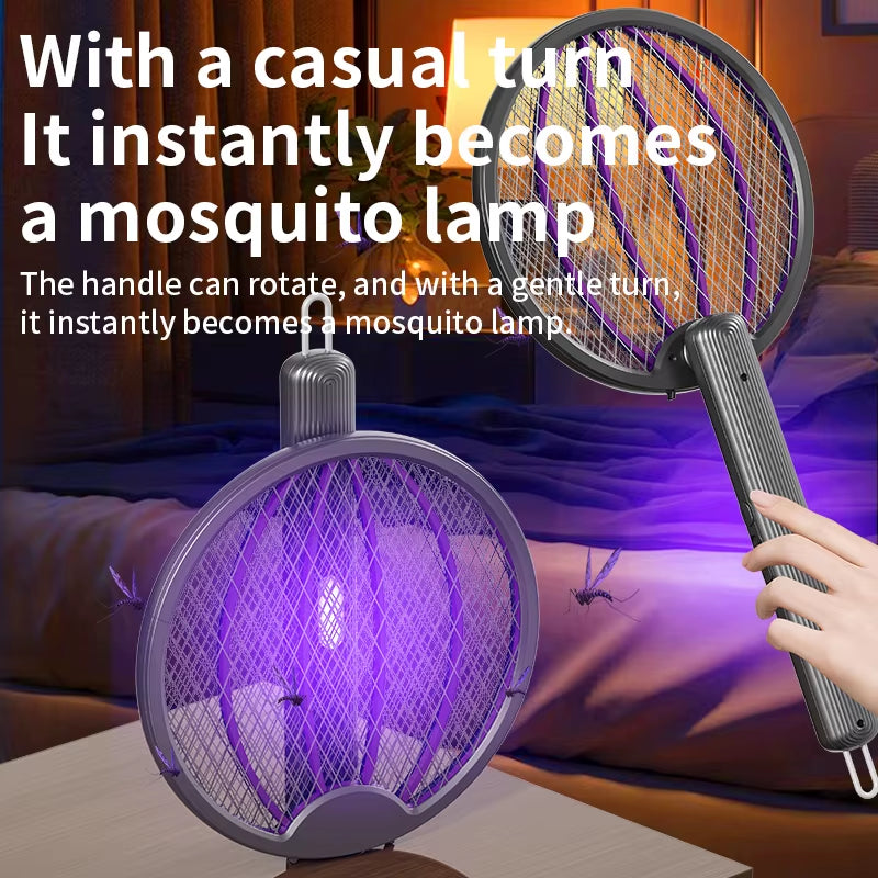 Foldable 3-in-1 Electric Mosquito Swatter, Rechargeable Bug Zapper & Wall-Mounted Lamp – Portable Indoor/Outdoor Pest Control