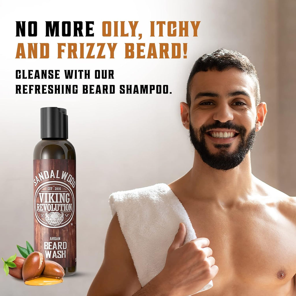 Premium Beard Care Set – Wash and Conditioner with Argan & Jojoba Oil, Softening & Strengthening, Sandalwood Fragrance