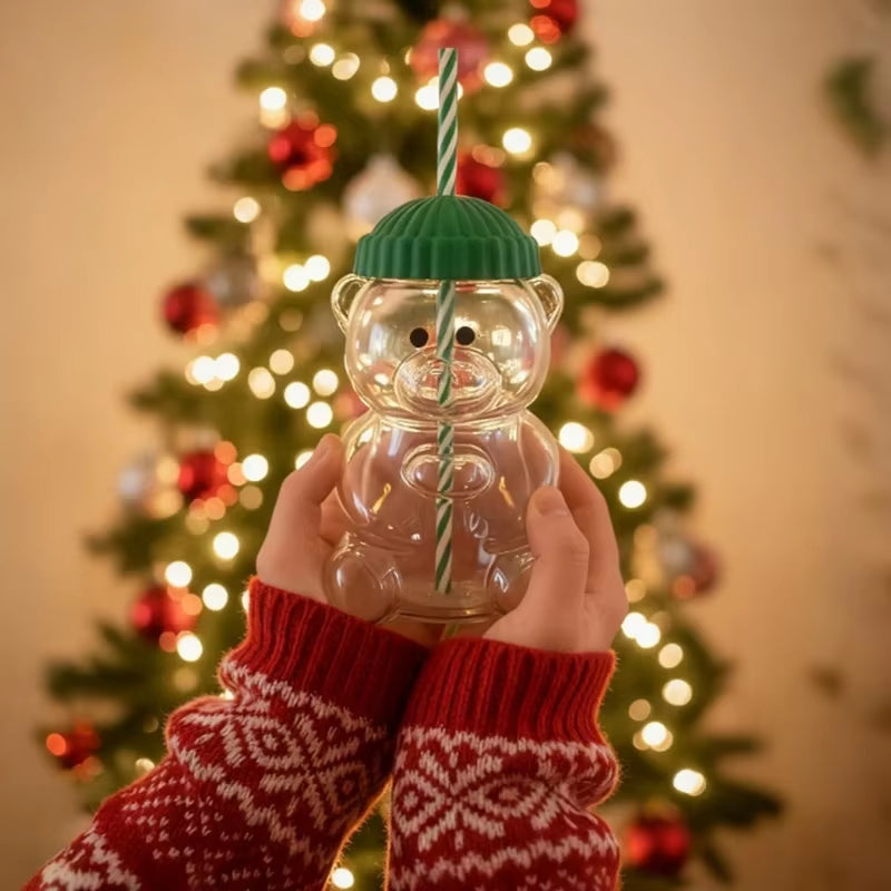 Premium Bear-Shaped Straw Cup – Aesthetic Glass/Plastic Mug for Coffee, Tea & Juices