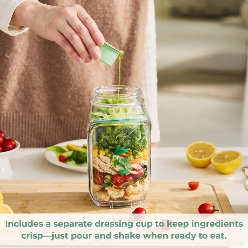 Fresh-On-the-Go Salad Jar – 1000ml Mason Jar with Convenient Side Opening and Leakproof Dressing Compartment