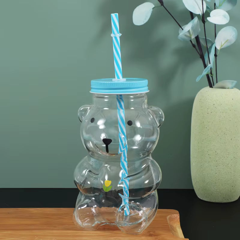 Premium Bear-Shaped Straw Cup – Aesthetic Glass/Plastic Mug for Coffee, Tea & Juices