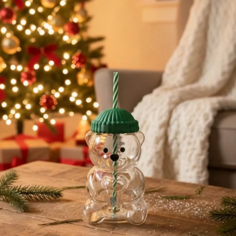 Premium Bear-Shaped Straw Cup – Aesthetic Glass/Plastic Mug for Coffee, Tea & Juices