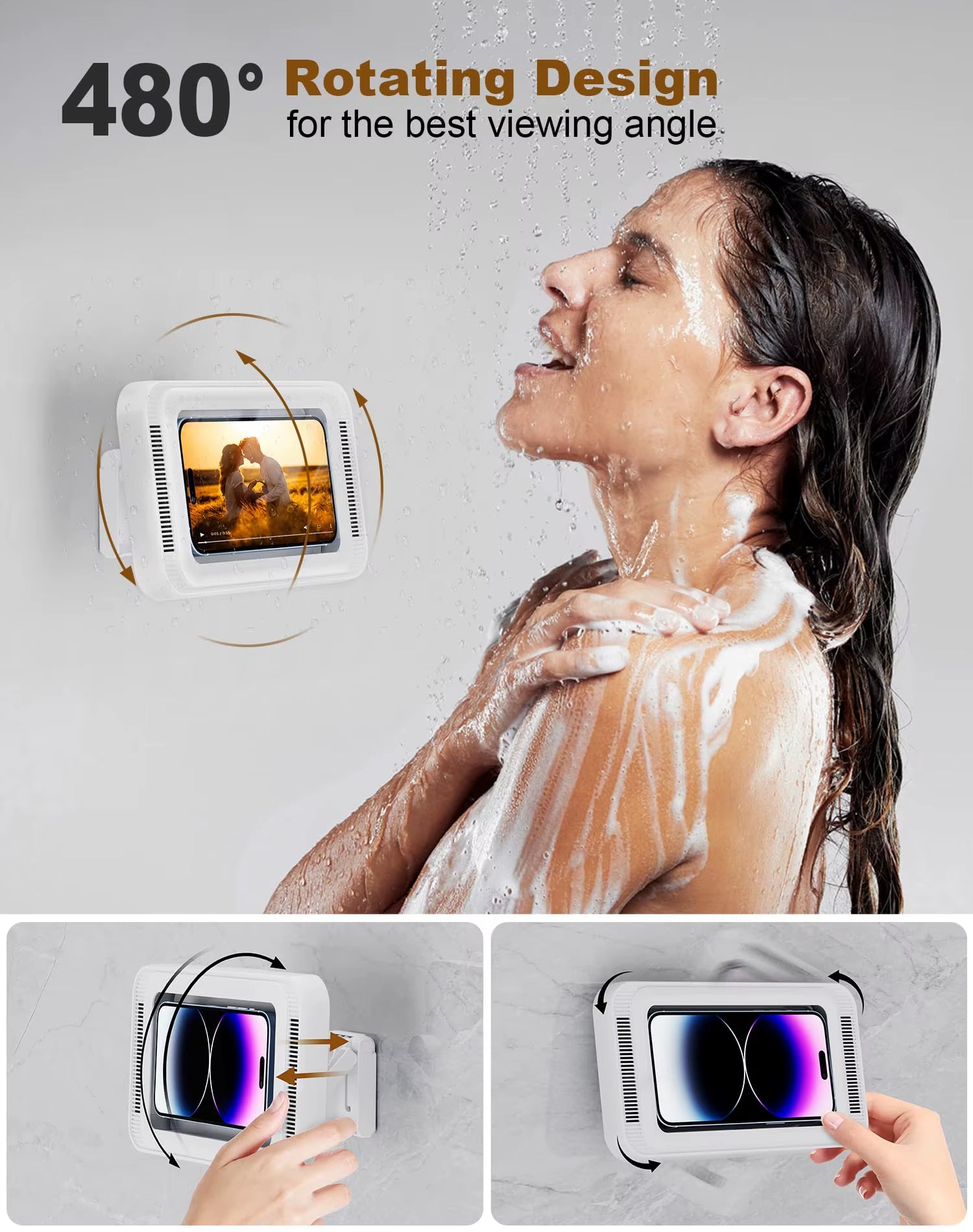 Shower Phone Holder with Built-In Speaker – Waterproof, Anti-Fog 480° Rotating Wall Mount for 4–7" Phones