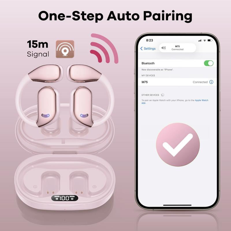 Black Friday Exclusive Open-Ear Bluetooth 5.4 Wireless Headphones with LED Battery Display, 60H Playtime, Clear-Call Mic, IPX5 Waterproof Sport Design, Lightweight Silicone Open-Earbuds – Pink Gift Edition