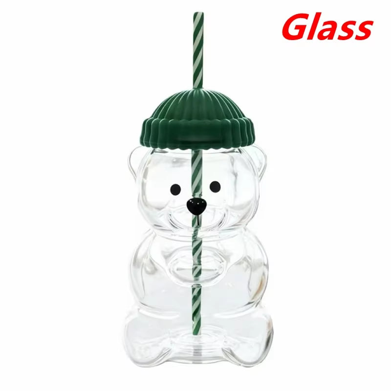 Premium Bear-Shaped Straw Cup – Aesthetic Glass/Plastic Mug for Coffee, Tea & Juices
