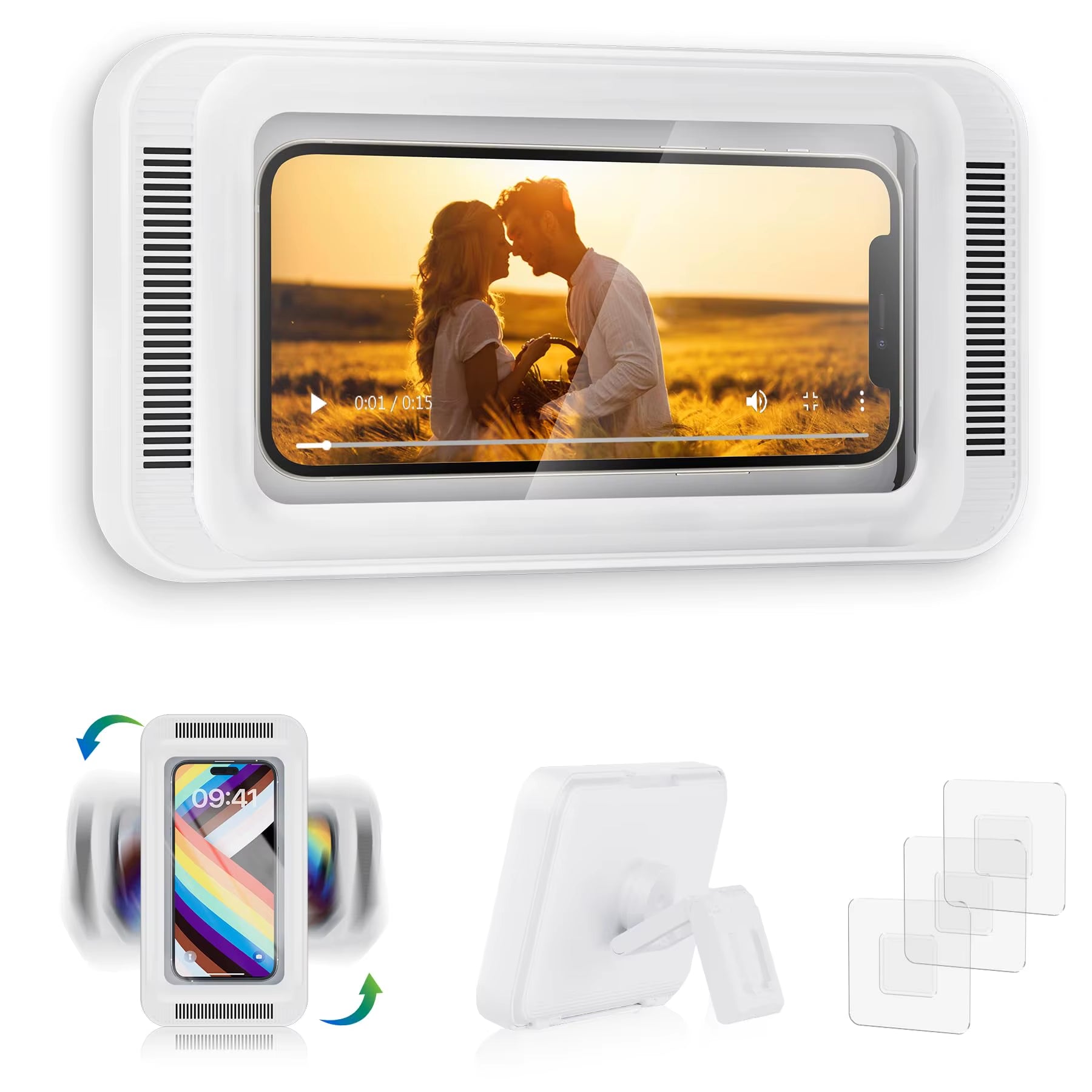 Shower Phone Holder with Built-In Speaker – Waterproof, Anti-Fog 480° Rotating Wall Mount for 4–7" Phones