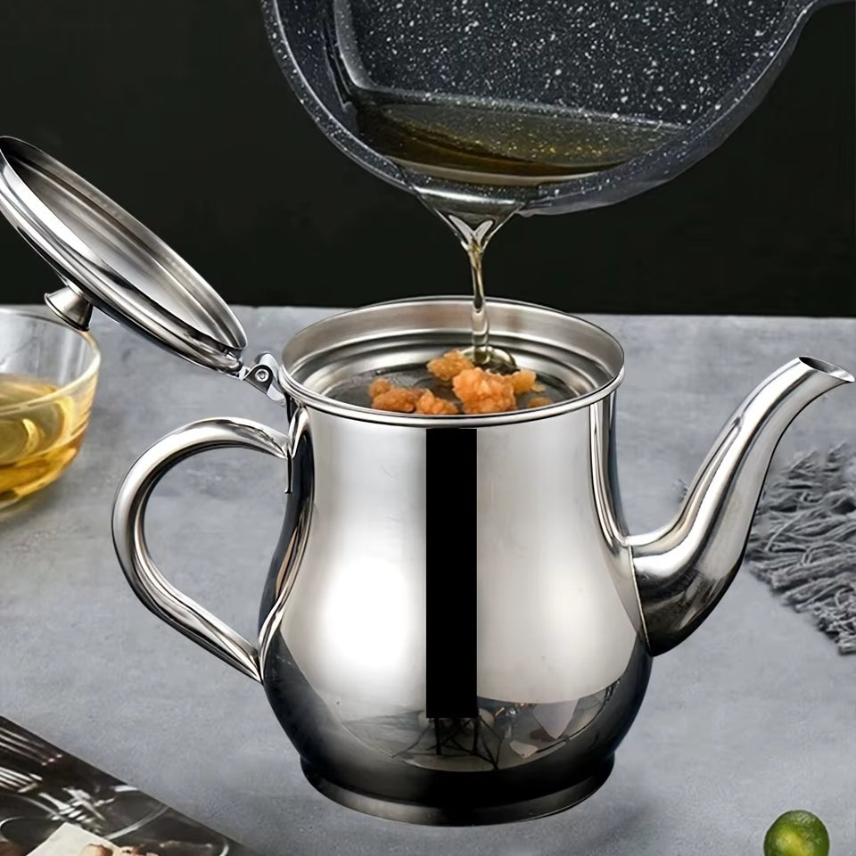 Premium Stainless Steel Oil Dispenser with Built-In Grease Filter and Precision Pour Spout – Rustproof for Home and Professional Kitchens