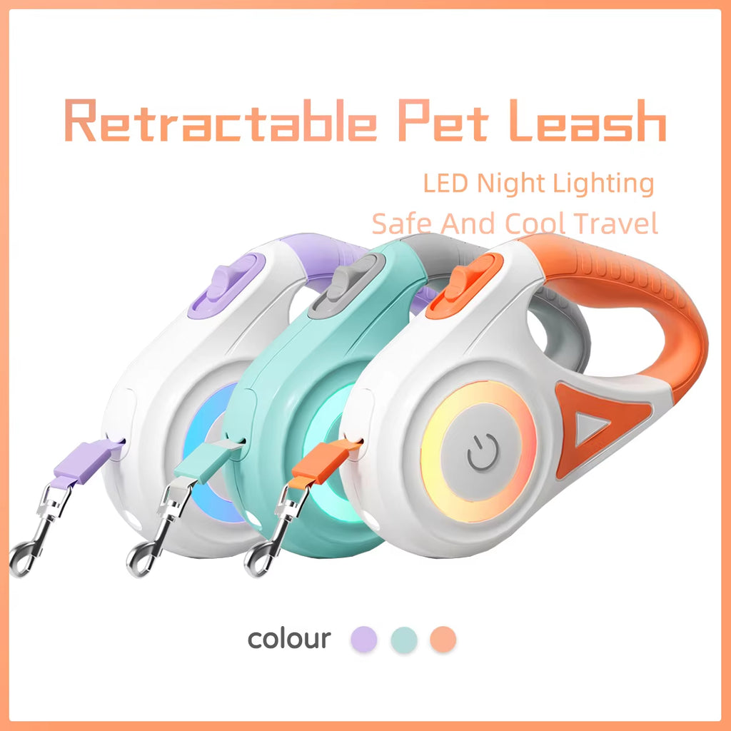 LED Retractable Dog & Cat Leash – 3M/5M Strong Nylon Lead with Built-In Light, Quick-Release Design + Reflective Harness & Collar