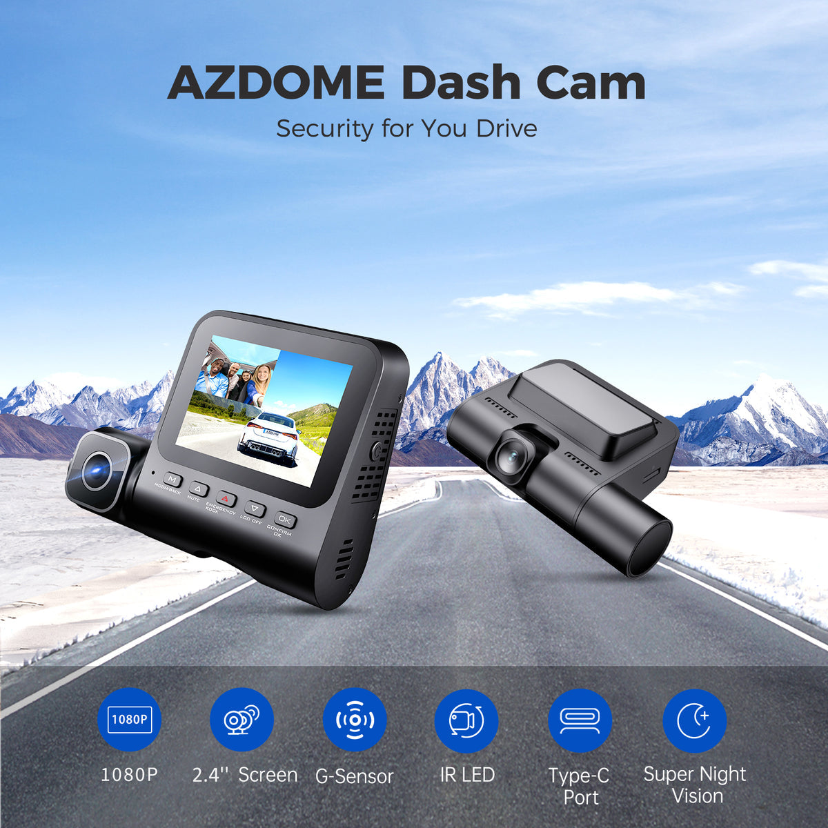 AZDOME Dash Cam V600 2.4" Screen 2x1080P+480P Car Camera G-Sensor Super Night Vision Car DVR 24H Parking Mode Support Rear Cam