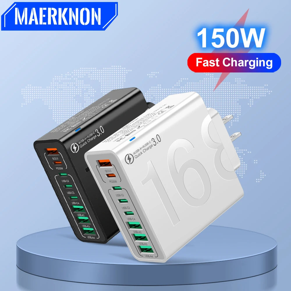 150W Multi-Port USB Fast Charging Wall Charger with PD Type-C – Universal Travel Power Adapter for iPhone, Samsung, Xiaomi & Huawei – 8-Port Desktop Charger with EU/US Plug Options