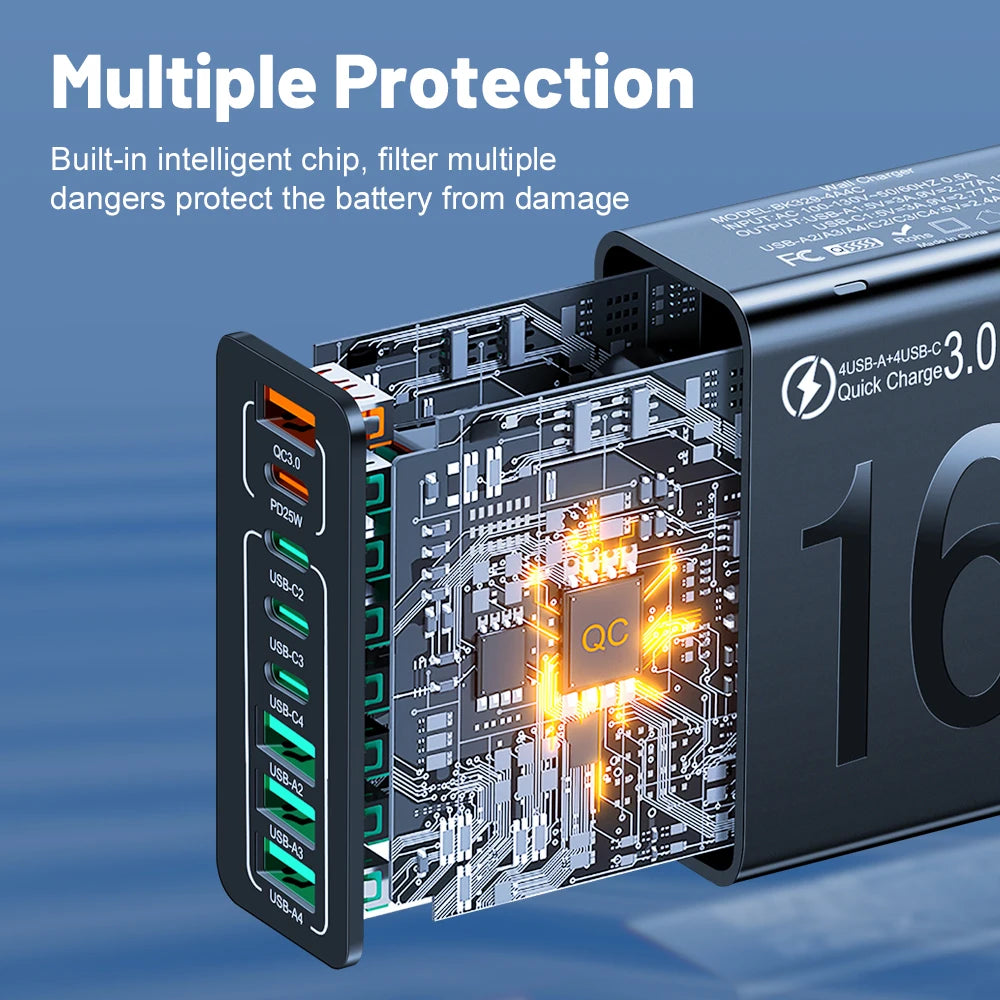 150W Multi-Port USB Fast Charging Wall Charger with PD Type-C – Universal Travel Power Adapter for iPhone, Samsung, Xiaomi & Huawei – 8-Port Desktop Charger with EU/US Plug Options