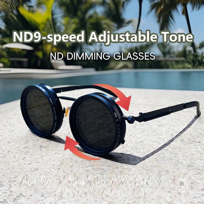 ND9 Polarized Retro Round Sunglasses – UV400 Unisex Eyewear with Adjustable Dimming for Outdoor & Fishing