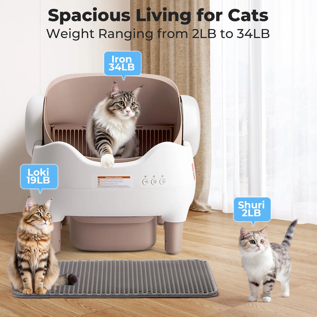 Smart App-Controlled Self-Cleaning Cat Litter Box – Open-Top Design with Advanced Odor Control, Safety Sensors, and 14-Day Waste Storage for Multi-Cat Homes