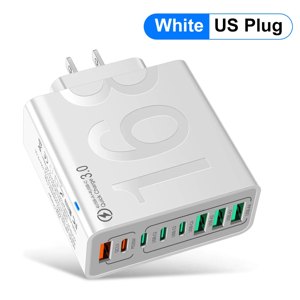 150W Multi-Port USB Fast Charging Wall Charger with PD Type-C – Universal Travel Power Adapter for iPhone, Samsung, Xiaomi & Huawei – 8-Port Desktop Charger with EU/US Plug Options