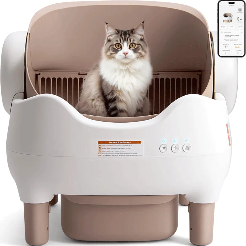 Smart App-Controlled Self-Cleaning Cat Litter Box – Open-Top Design with Advanced Odor Control, Safety Sensors, and 14-Day Waste Storage for Multi-Cat Homes