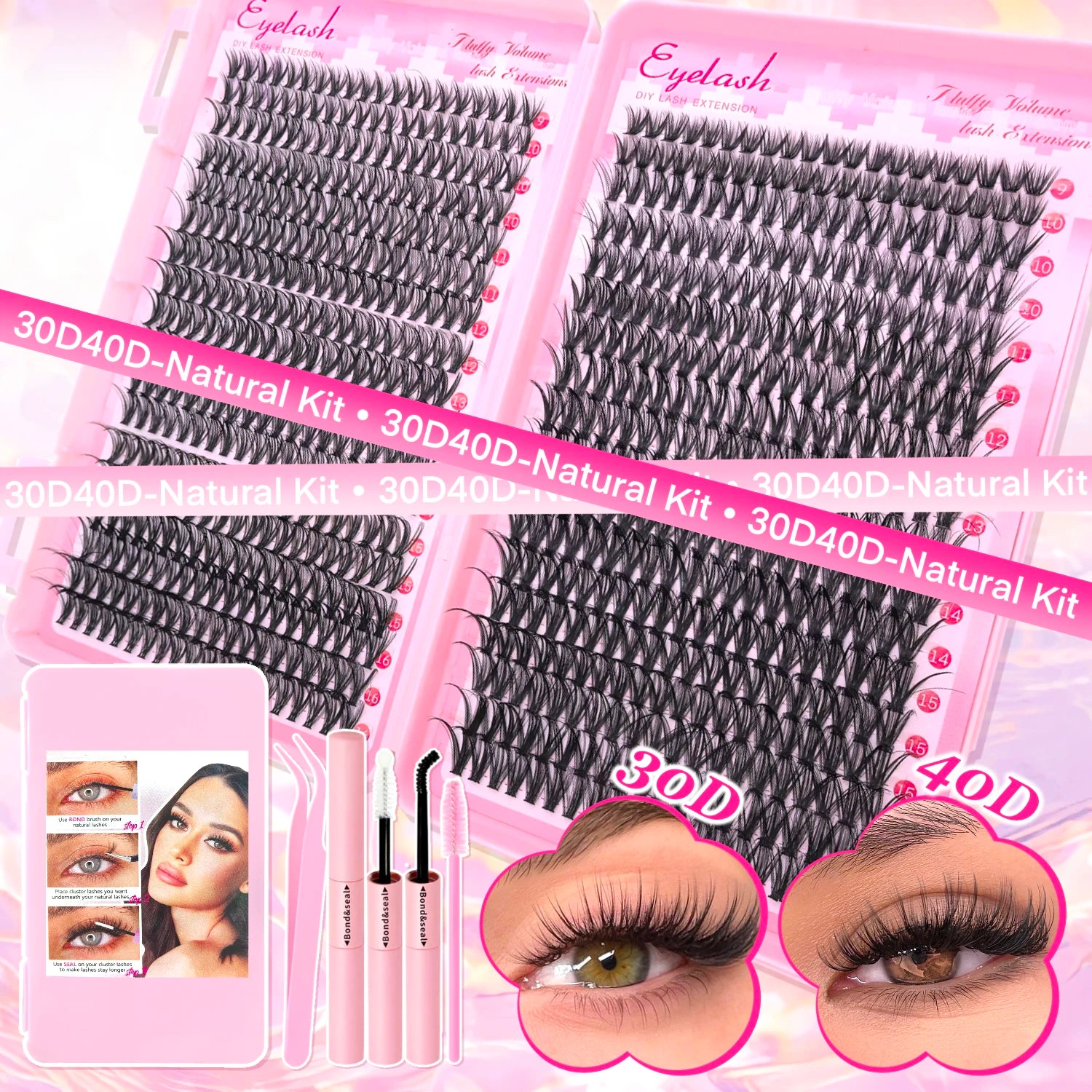 Professional DIY Lash Extension Kit – 720 Individual Eyelash Clusters with Adhesive Bond & Seal for Natural, Long-Lasting Lashes at Home or On-the-Go