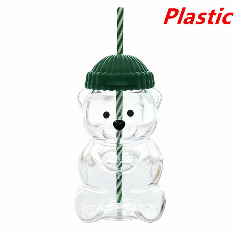Premium Bear-Shaped Straw Cup – Aesthetic Glass/Plastic Mug for Coffee, Tea & Juices