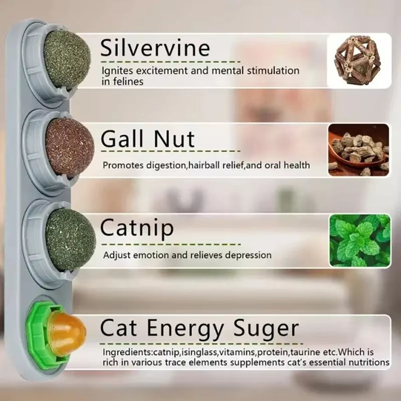 4-in-1 Rotating Catnip & Silver Vine Ball – Wall-Mounted Edible Toy for Dental Care, Acne Prevention & Digestive Health in Cats