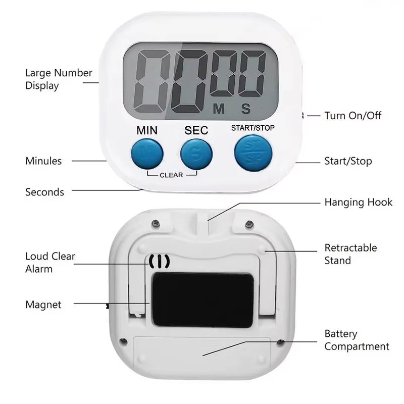 Magnetic LCD Kitchen Timer – Large Display, Countdown & Count-Up, Loud Alarm for Cooking & Home Use