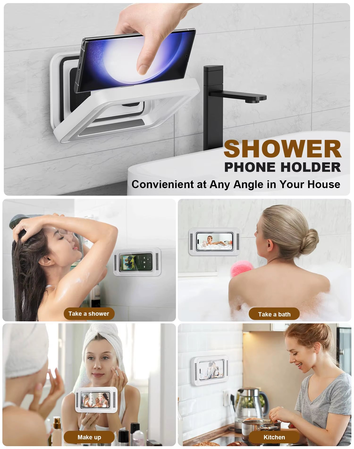 Shower Phone Holder with Built-In Speaker – Waterproof, Anti-Fog 480° Rotating Wall Mount for 4–7" Phones