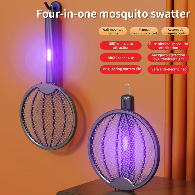 Foldable 3-in-1 Electric Mosquito Swatter, Rechargeable Bug Zapper & Wall-Mounted Lamp – Portable Indoor/Outdoor Pest Control