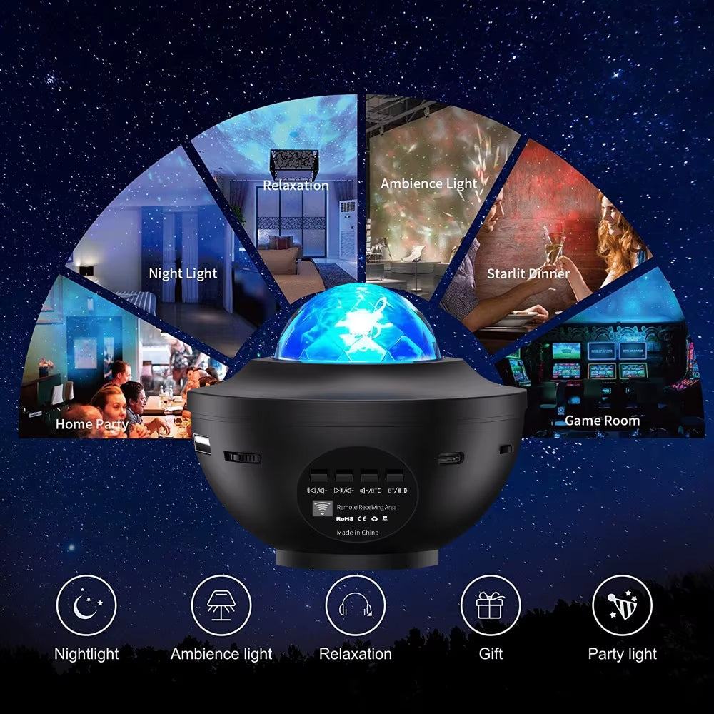 LED Starry Sky Projector with Bluetooth Music, Remote Control, Ocean Wave & Galaxy Light – Ambient Bedroom Decor and Gift