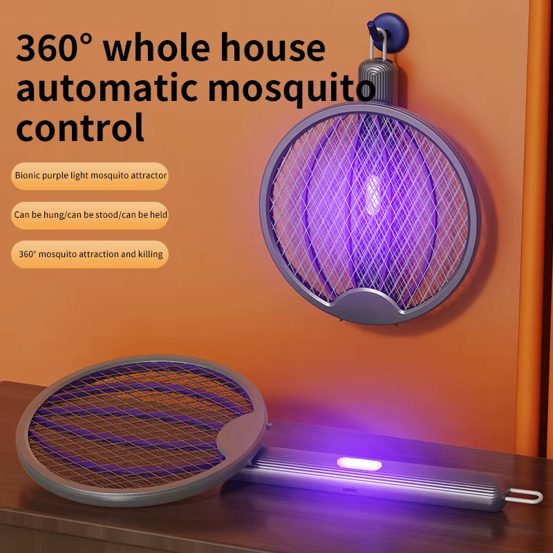 Foldable 3-in-1 Electric Mosquito Swatter, Rechargeable Bug Zapper & Wall-Mounted Lamp – Portable Indoor/Outdoor Pest Control