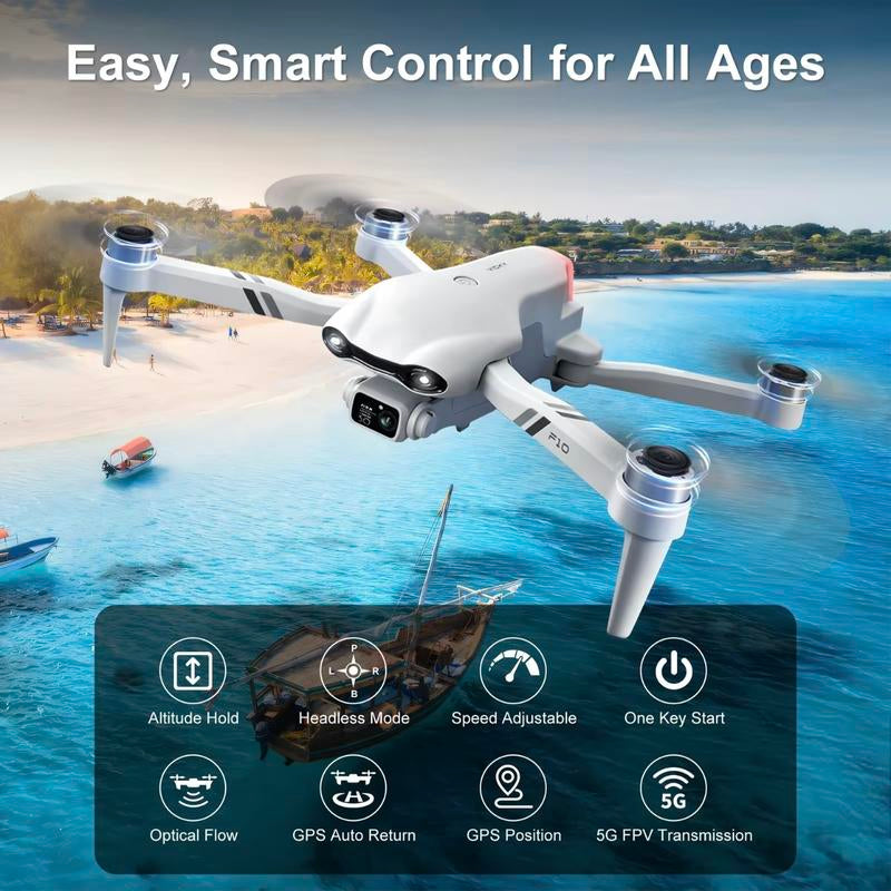 Aerial Drone 2025 F10 Pro with 4K UHD EIS Camera, GPS, 5G Wi-Fi, FPV, Brushless Motors, Optical Flow, Smart Obstacle Avoidance, Auto Return, 360° Stunt Roll, and Dual Batteries